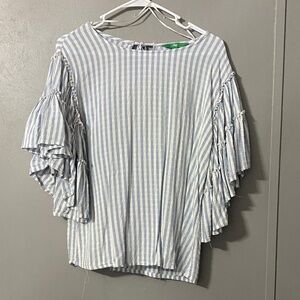 dip Light Blue and White Ruffle Sleeve Blouse